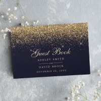 Gold Confetti Navy Blue Modern Chic Wedding Guest Book