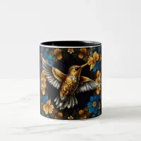 Cute Golden Hummingbirds on Black & Blue Flowers Two-Tone Coffee Mug