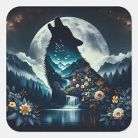 Howling Wolf | Full Moon Ai Art Square Sticker