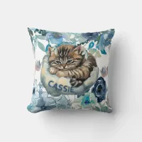 Kitten with blue flowers throw pillow