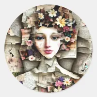 Collage Art | Pretty Girl made out of Book Pages Classic Round Sticker