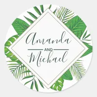 Watercolor Tropical Leaves Beach Wedding Classic Round Sticker