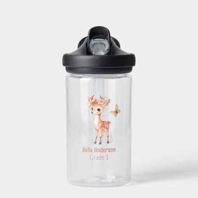 Floral Deer And Butterfly Girl Water Bottle