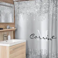 Monogram Antique Silver  Dripping Glitter Metallic Shower Curtain