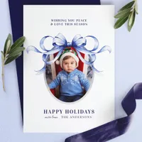 Blue Bow Oval Frame Happy Holidays Photo Holiday Card