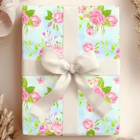 Watercolor English Roses Floral on Blue Wrapping Paper