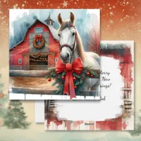 Watercolor White Horse and Festive Farm Christmas Holiday Card