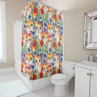 Whimsical Folk Art Watercolor Flowers and Cats Shower Curtain