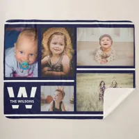 Navy Stripes Multiple Photos Custom Monogram Sherpa Blanket