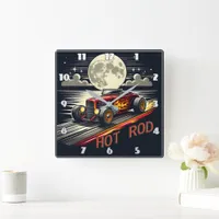 A classic hot rod roaring under a full moon night square wall clock