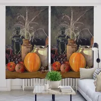 Autumn Decorations on Table, Pumpkin, Fruit, Drink Blackout Curtains