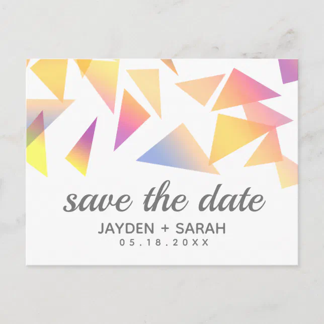 Pastel Triangle Confetti on White Wedding Announcement Postcard