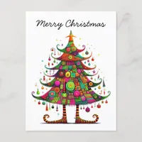 Whimsical Christmas Tree, Bright Colors, Holiday Postcard