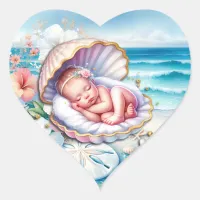 Baby Girl in a Seashell Baby Shower  Heart Sticker