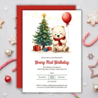 Cute Polar Bear Christmas Beary 1st Birthday Invitation