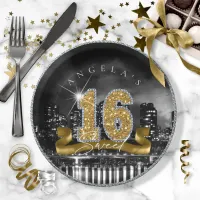 City Lights Sweet Sixteen Gold ID243 Paper Plates