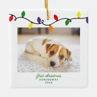 Puppy Dog's First Christmas Colorful Lights Photo Ceramic Ornament