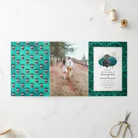 Teal and Gold Floral Gothic Wedding Photo Tri-Fold Invitation