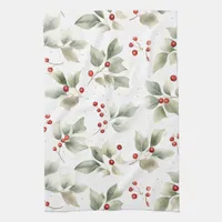 Green Holly and Red Berries Pattern Kitchen Towel