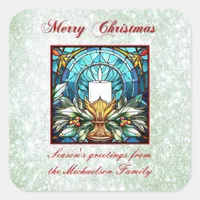 Stained Glass Christmas Candle Holly Green Glitter Square Sticker