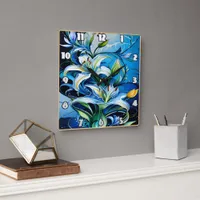 Blue Lily Floral Design With Swirling Patterns Square Wall Clock