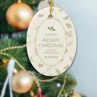 Elegant Gold Winter Leaves MIstletoe Ceramic Ornament