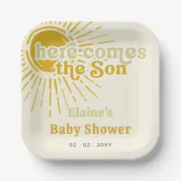 Here comes the son boho retro baby shower  paper plates