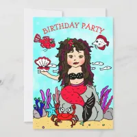 Black Haired  Mermaid Under the Sea Birthday Party Invitation