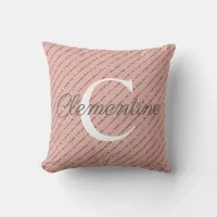 Girly Pink Rose Gold Glitter Stripes Monogram Throw Pillow