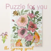 Pink floral white Puzzle with birds