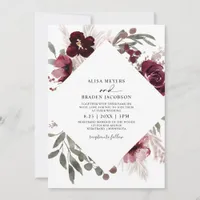 Vintage Pampas Grass Burgundy Pink Roses Wedding Invitation