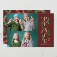 Red Pine Holly Berries Gold Peace Multiple Photo Holiday Card