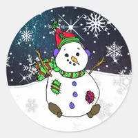 Whimsical Hand drawn Snowman on a Starry Night Classic Round Sticker