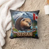 Canadian Beaver Near Water With Maple Leaf Flag Throw Pillow