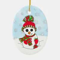 Whimsical Hand drawn Snowman  Snowy Day Christmas Ceramic Ornament