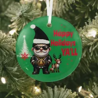 Happy Holidays Ya'll Gangsta Xmas on Green | Glass Ornament