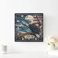 Majestic Eagle Near Mountains and American Flag Square Wall Clock