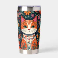 Whimsical Folk Art Cat and Flowers Insulated Tumbler