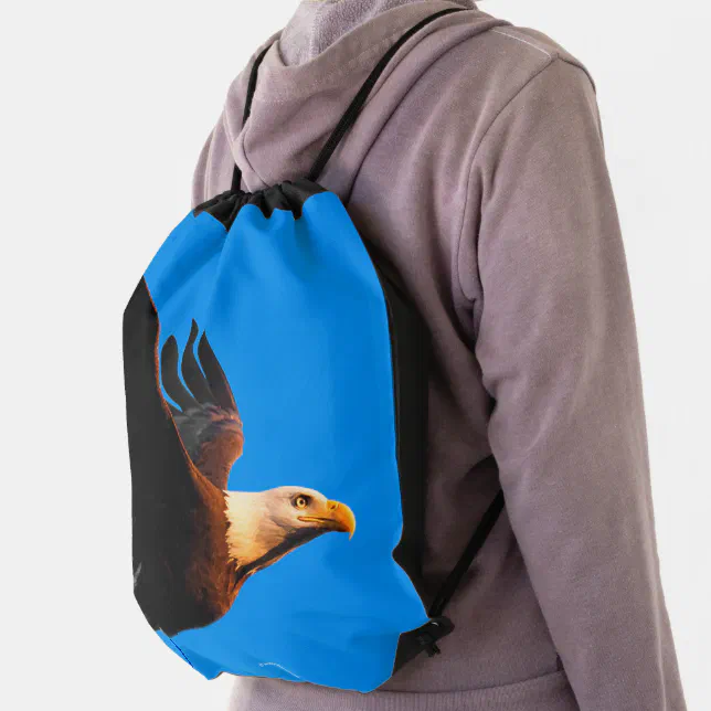 Breathtaking Bald Eagle in Winter Sunset Flight Drawstring Bag