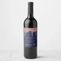 Navy Blue Rose Gold Dripping Glitter Wedding Wine Label