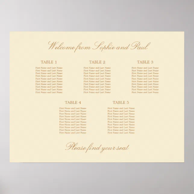 Cream Beige 5 Table Wedding Seating Chart Poster