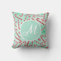 Peppermint Christmas Candy Cane Monogram Throw Pillow