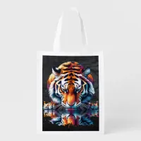 Tiger looking at Reflection in Water Grocery Bag