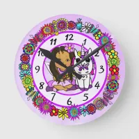 Unicorn and Fairy Whimsical Folk Art Girl's Round Clock