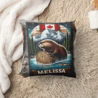 Canadian Beaver on Log With Mountain Background Throw Pillow