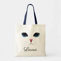 Cat Face Cute Big White Kitty Big Eyes Name Tote Bag