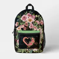 Pink Heart on black  Printed Backpack