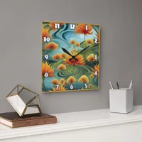 Vibrant Orange Flowers Amidst Swirling Blues Square Wall Clock