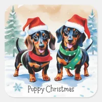 Two Cute Dachshund Puppies Pet Dog Puppy Christmas Square Sticker