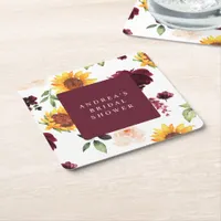 Fall Bridal Shower Sunflowers & Burgundy Roses Square Paper Coaster